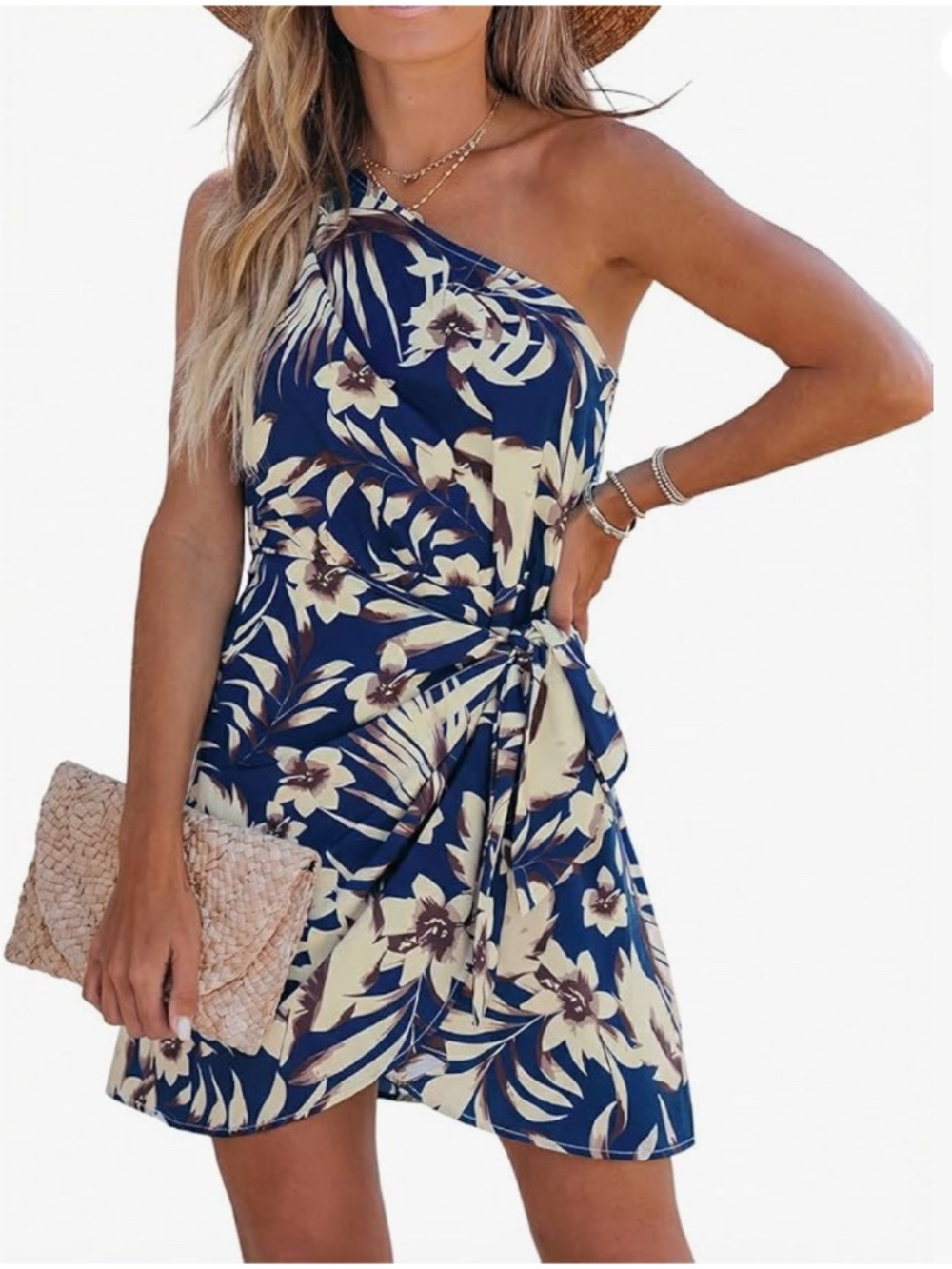 Women's Tropical Leaf Floral Print One Shoulder Wrap Mini Dress